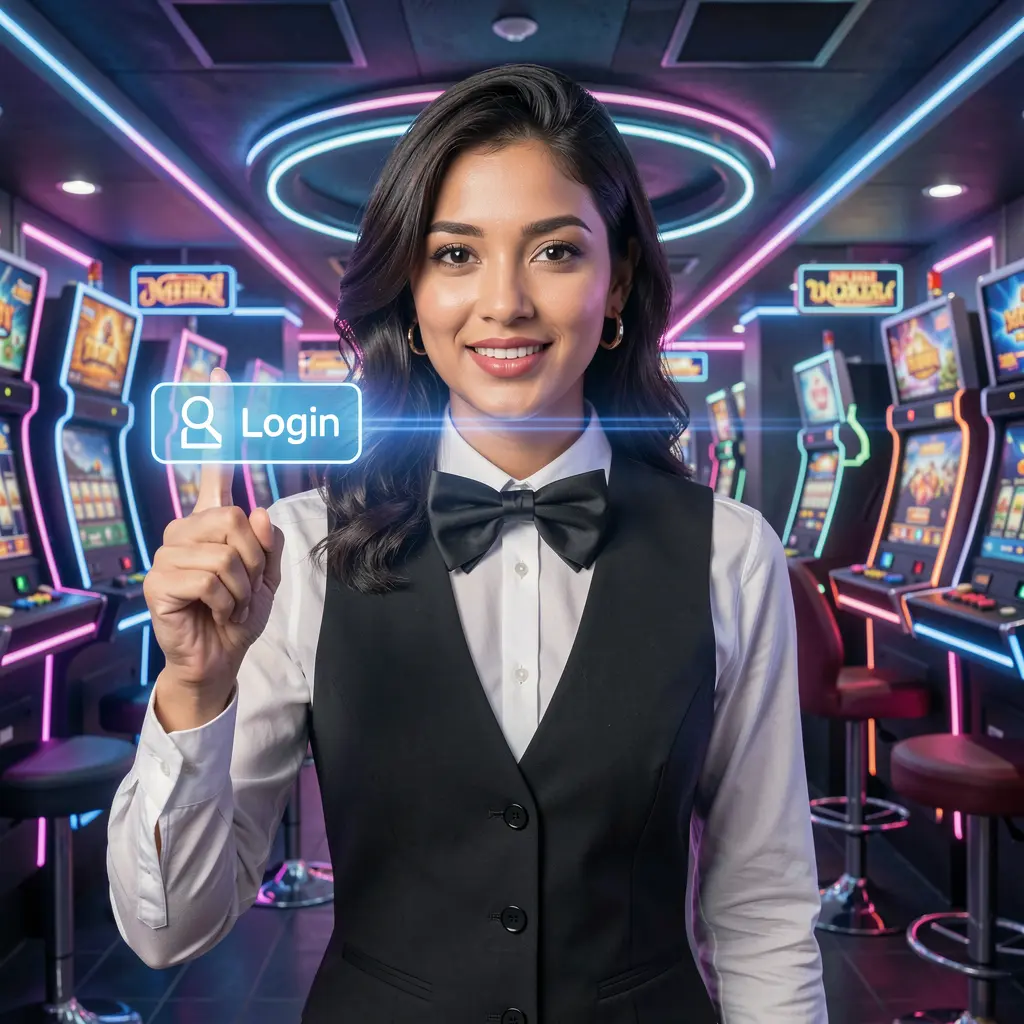 Elegant Bangladeshi casino dealer pointing at a futuristic virtual login interface with neon lights inside the 94OK online casino platform